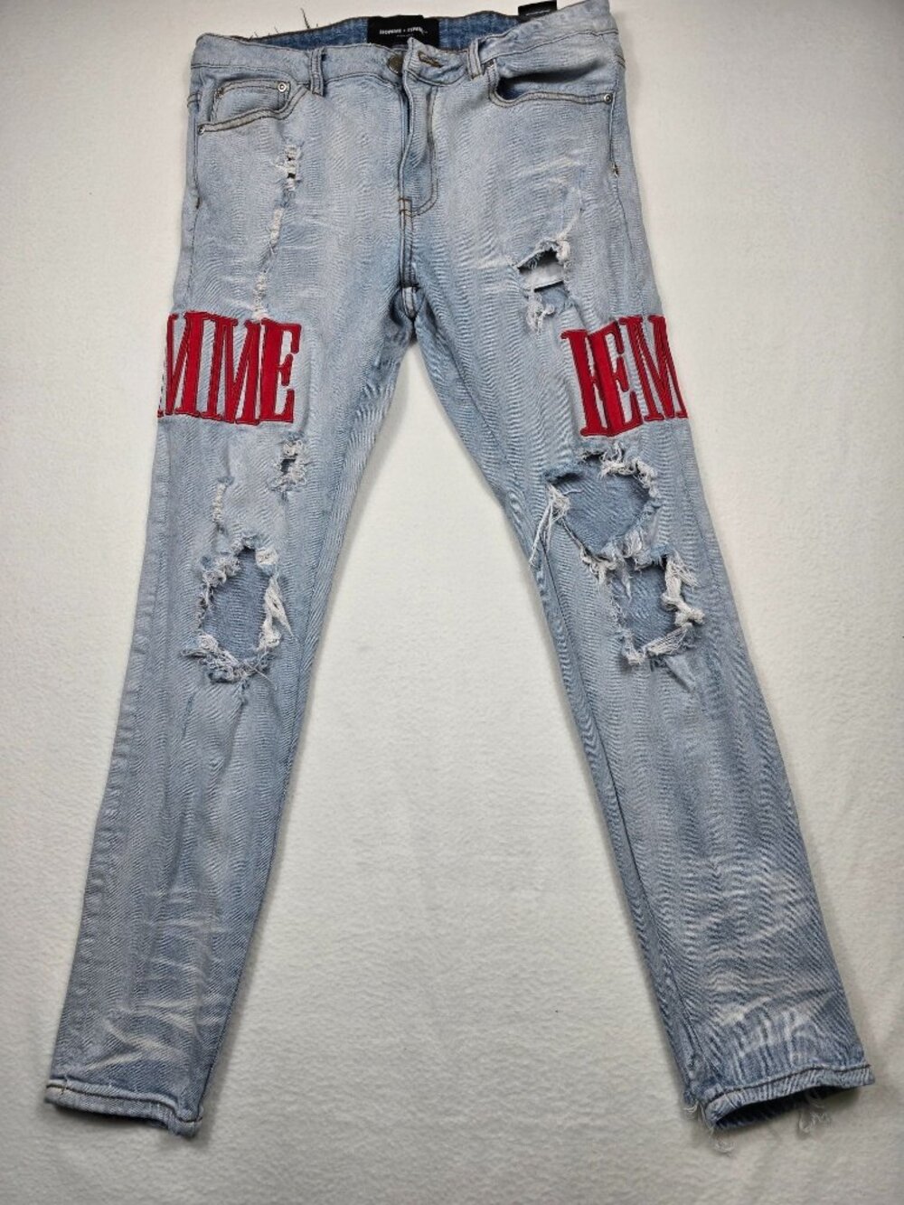 Homme Femme Distressed Light Wash Denim Jeans Red Embroidery Skinny Size 32